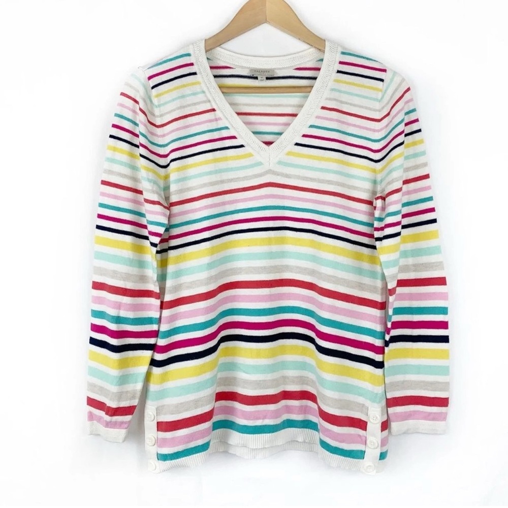 Talbots Colorful Striped V-Neck Sweater Button Detail, Size Large